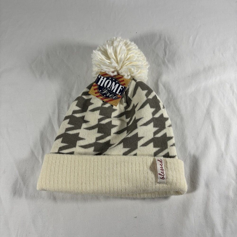 Blessed Home Free Houndstooth Pom Beanie Cream Gray NWT